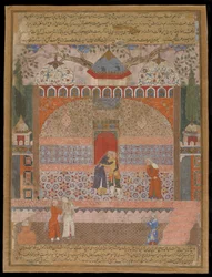 Khawja Buzurjmihr si congeda dalla sua anziana madre per andare nel mondo e cercare giustizia, dal Hamzanama, foglio di manoscritto, c.1560-65